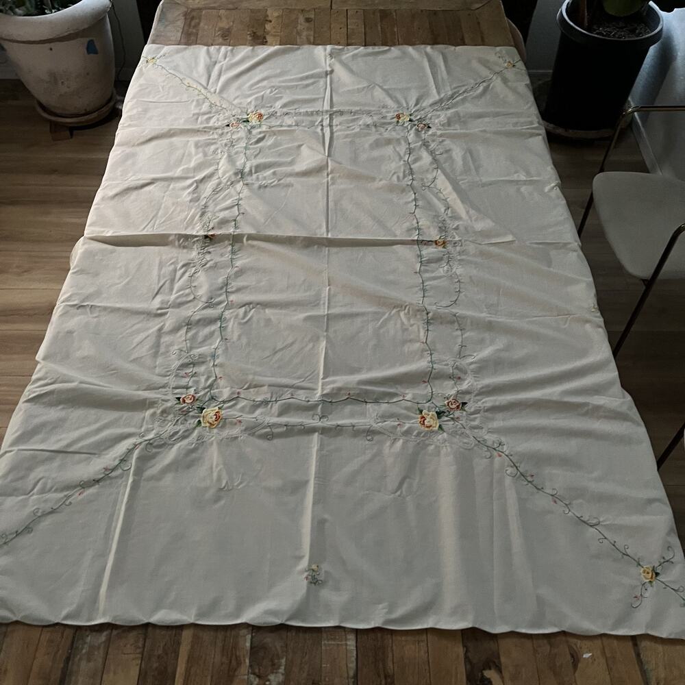 Vintage Embroidered Roses & Vines Tablecloth 46" x 63" Cottage